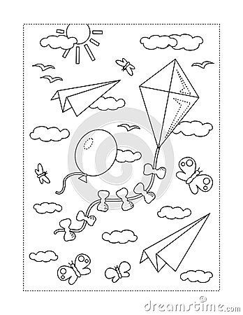 Coloring page with things that fly. Kite, balloon, paper planes, clouds, insects, birds. Vector Illustration